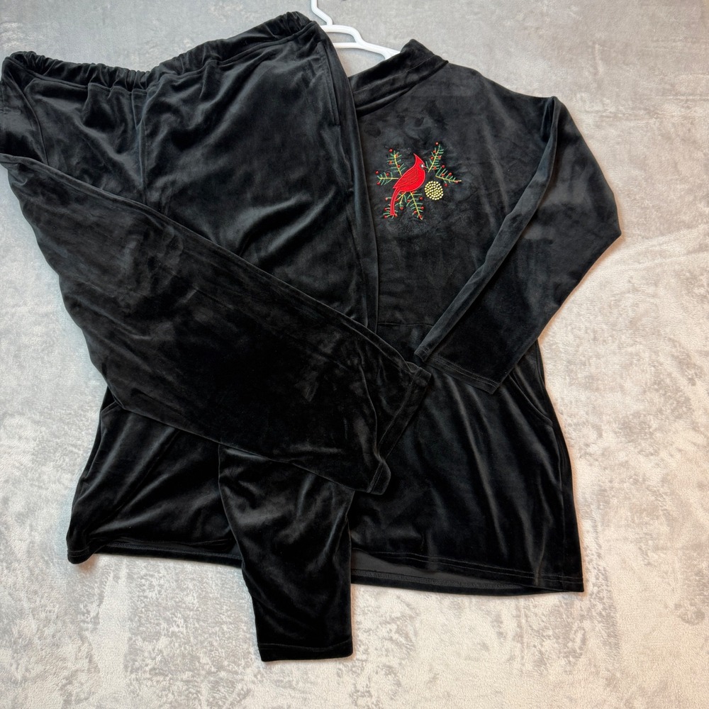 Natural Impressions Velour Lounge Set Womens 1X Black Cardinal Bird Embellished
